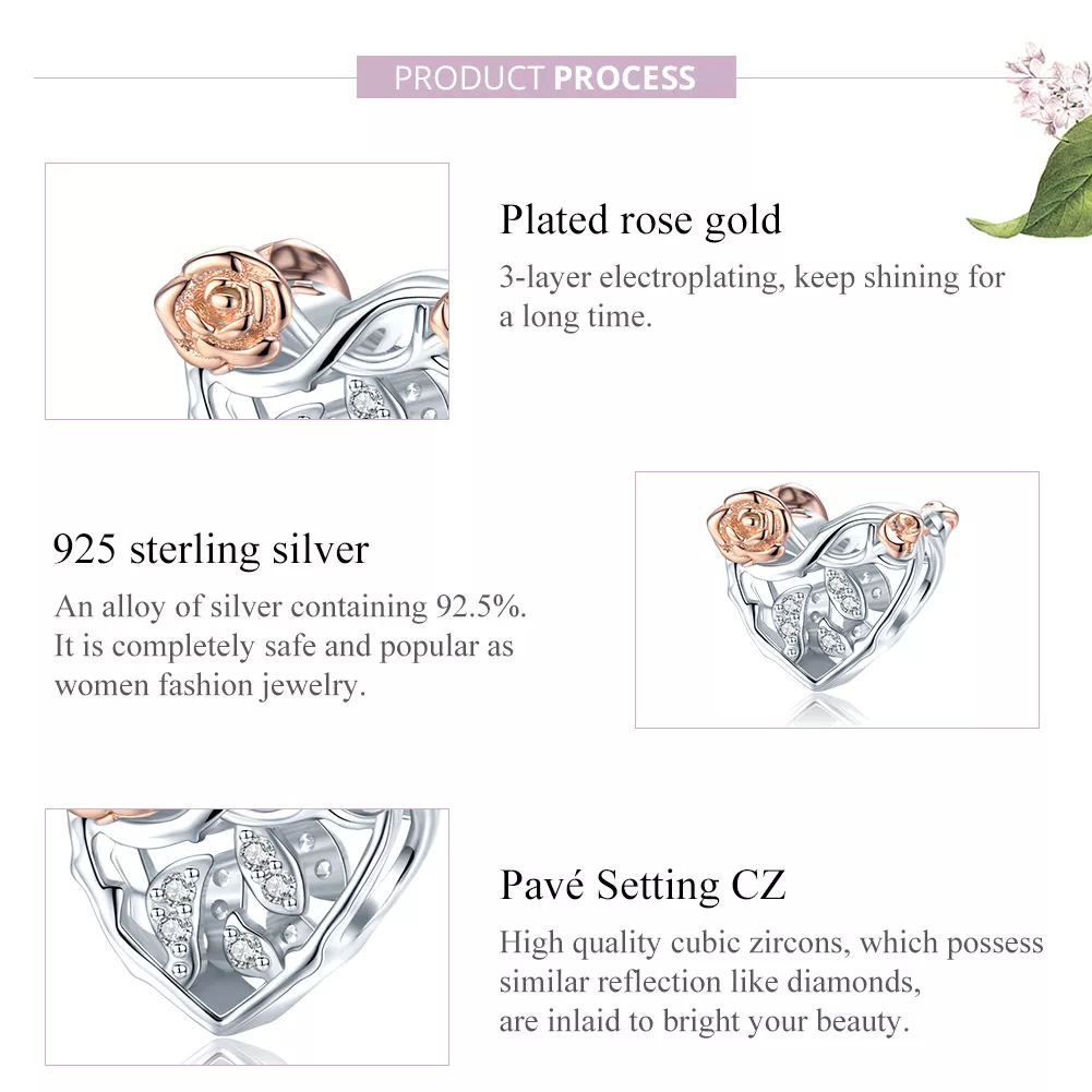 Charm Coração Com Rosas estilo Pandora - BSC280