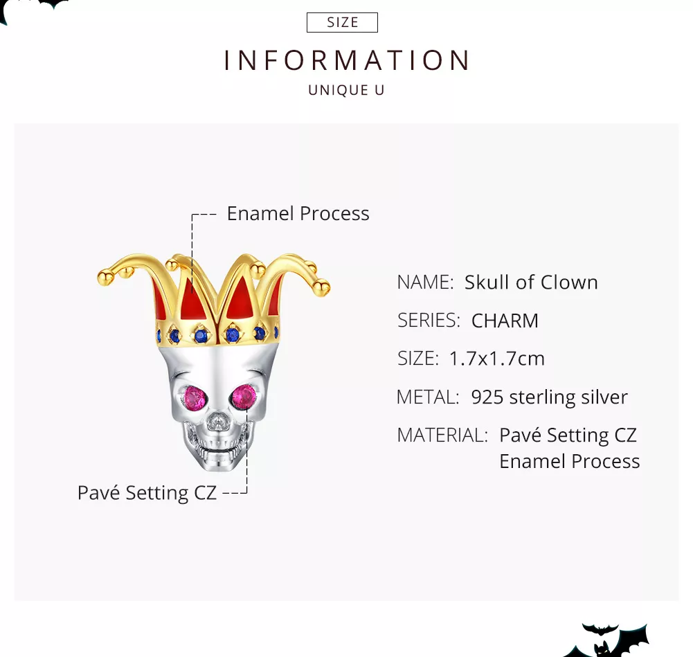 Charm Dois tons Caveira de Palhaço estilo Pandora - SCC1363