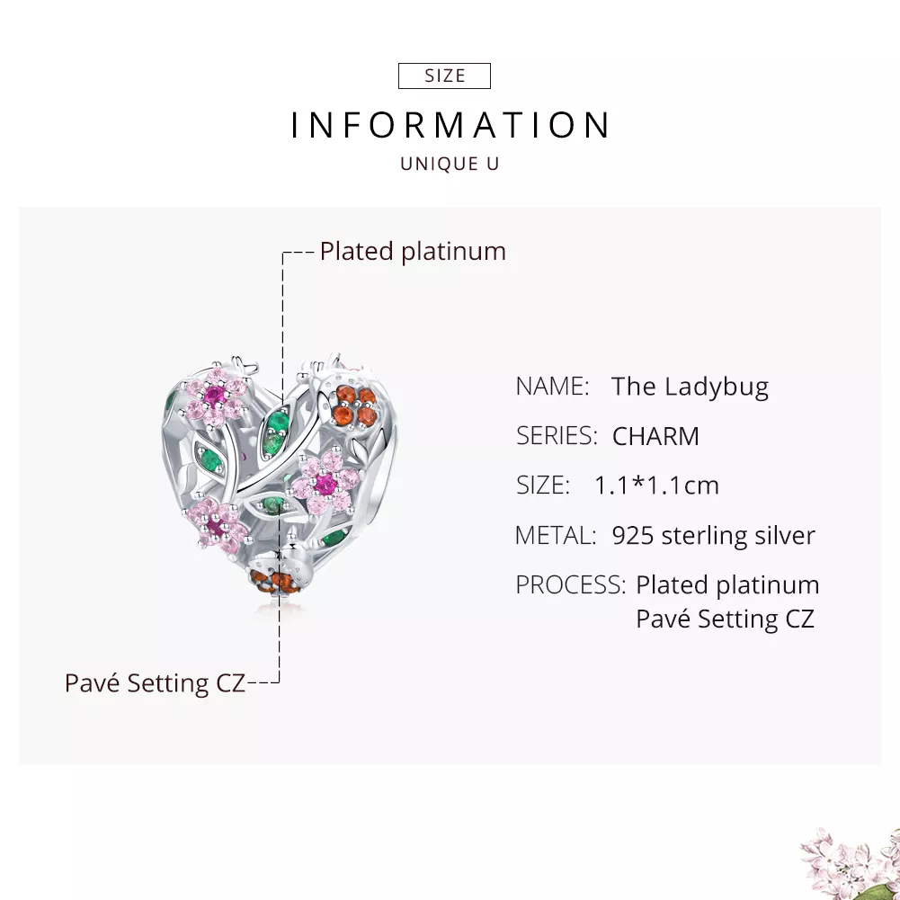 Charm Joaninha e flores estilo Pandora - BSC117