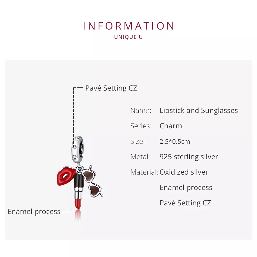 Charm Pendente Batom e óculos de sol estilo Pandora - BSC346