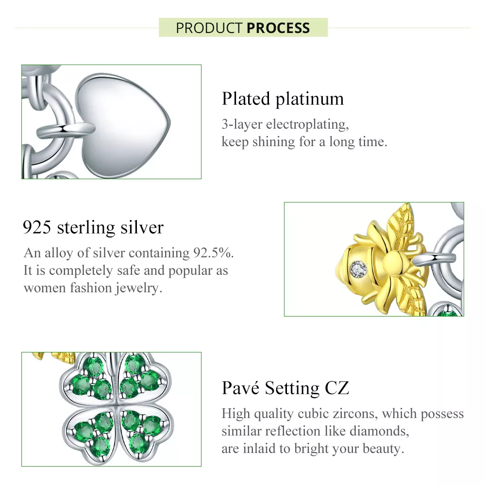 Charm Pendente Dois tons Trevo com abelha estilo Pandora - BSC303