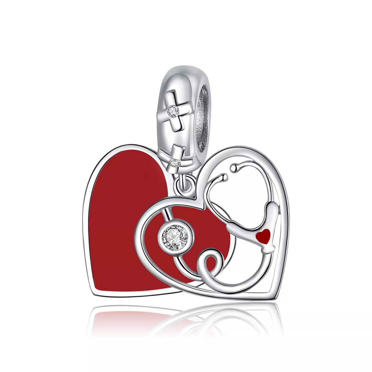 Charm Pendente Estetoscópio Com Coração Vermelho estilo Pandora - BSC308