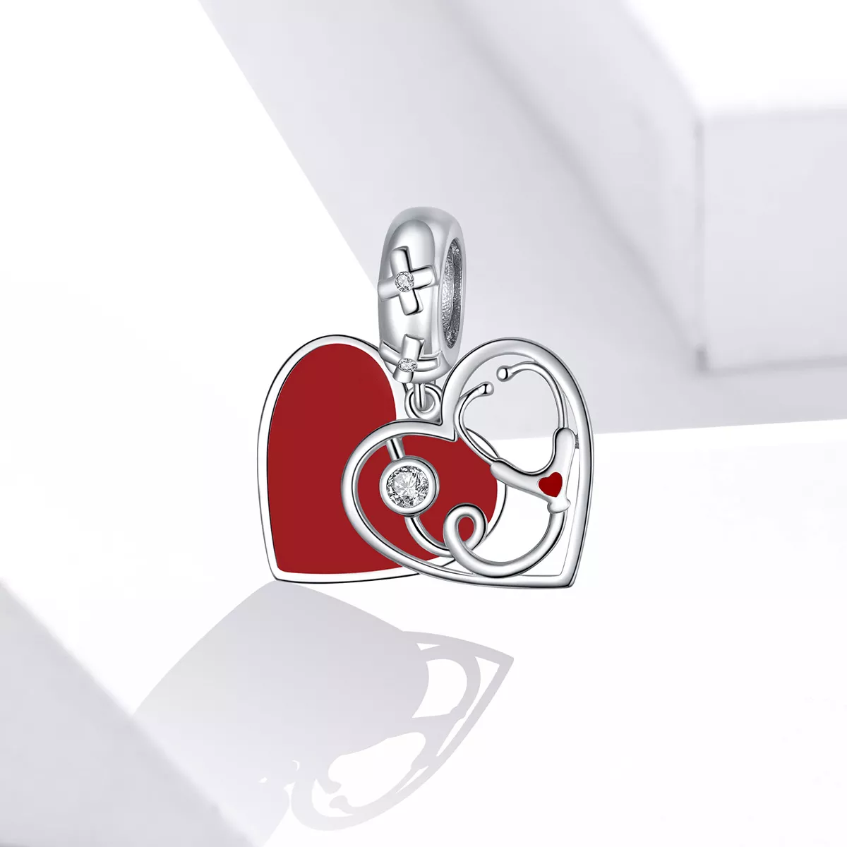 Charm Pendente Estetoscópio Com Coração Vermelho estilo Pandora - BSC308