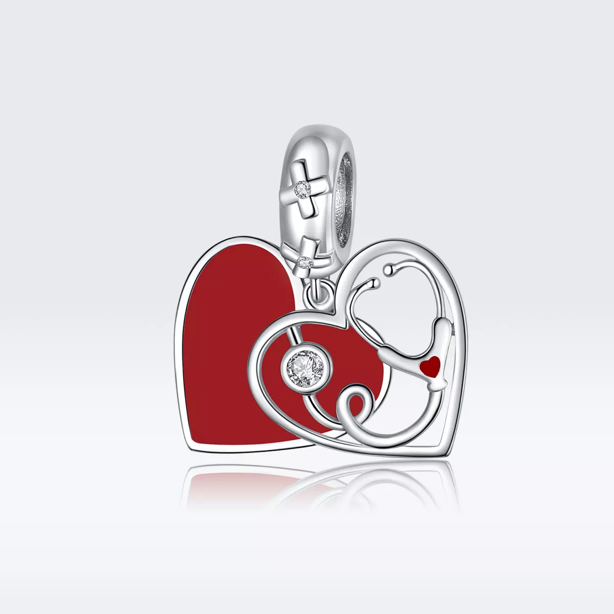 Charm Pendente Estetoscópio Com Coração Vermelho estilo Pandora - BSC308