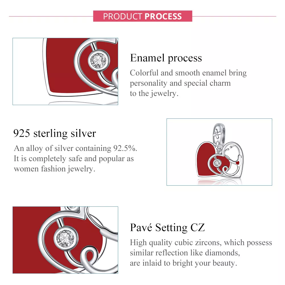 Charm Pendente Estetoscópio Com Coração Vermelho estilo Pandora - BSC308