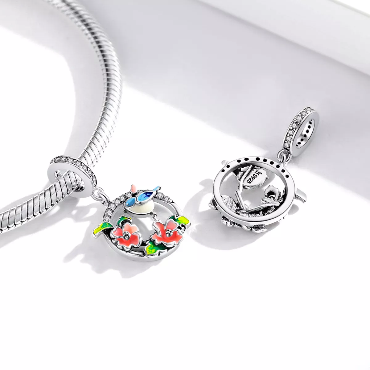Charm Pendente Pássaros e flores estilo Pandora - SCC1726