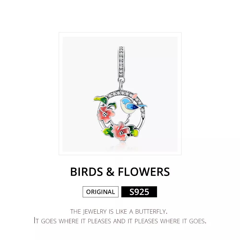 Charm Pendente Pássaros e flores estilo Pandora - SCC1726