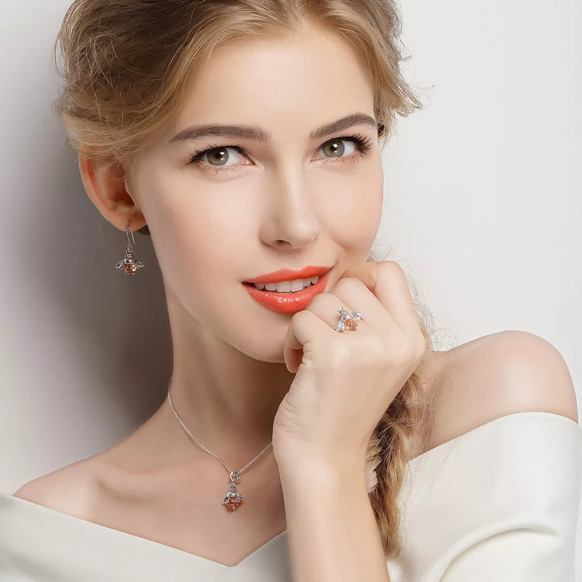 Conjunto de joias Dois tons Abelha estilo Pandora - SET006