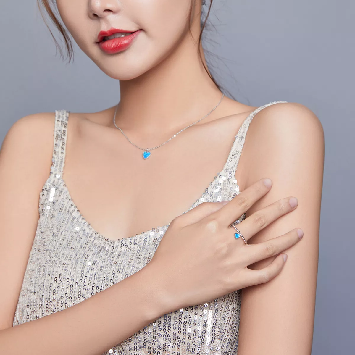 Conjunto de joias Dois tons Coração Azul Escuro estilo Pandora - SET018