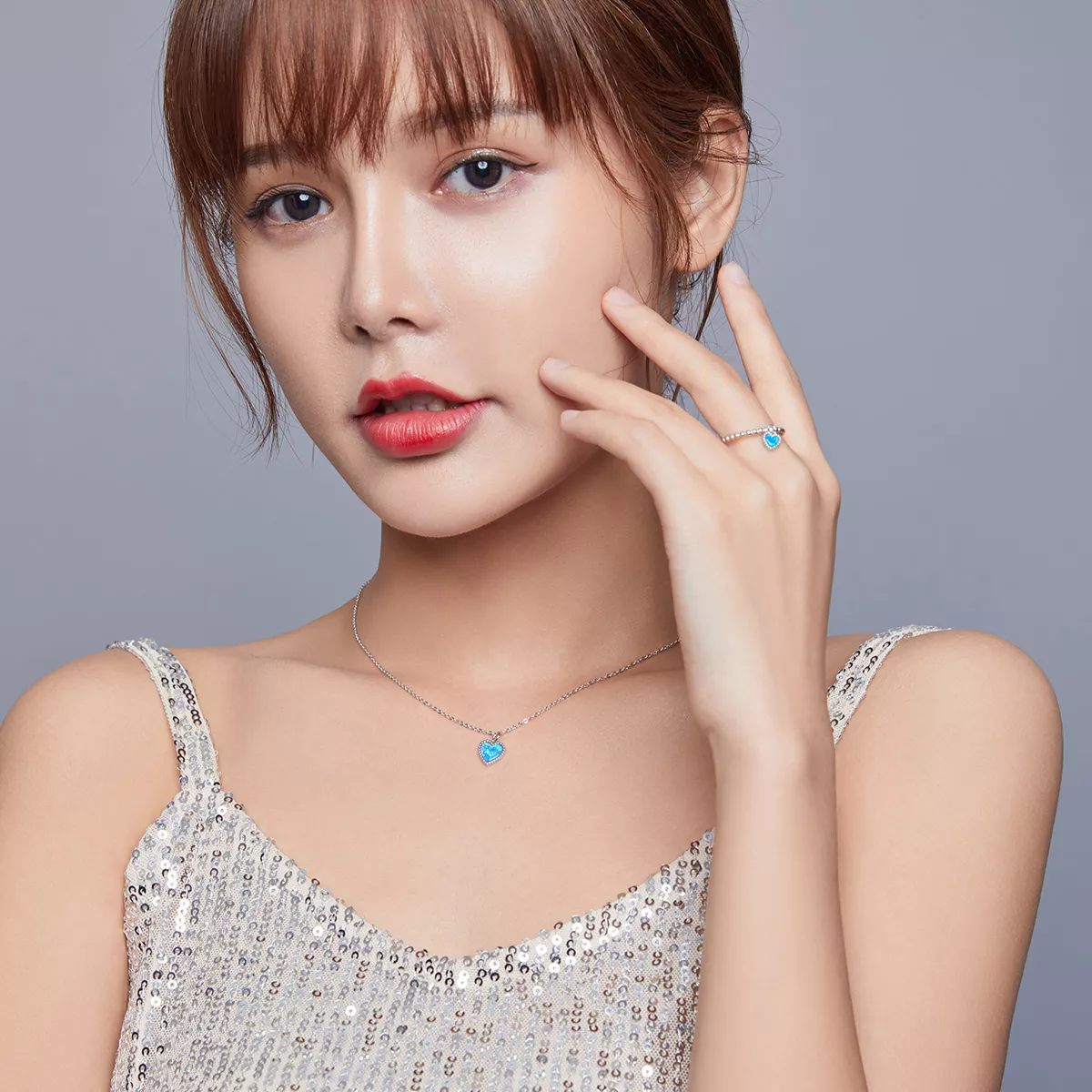 Conjunto de joias Dois tons Coração Azul Escuro estilo Pandora - SET018