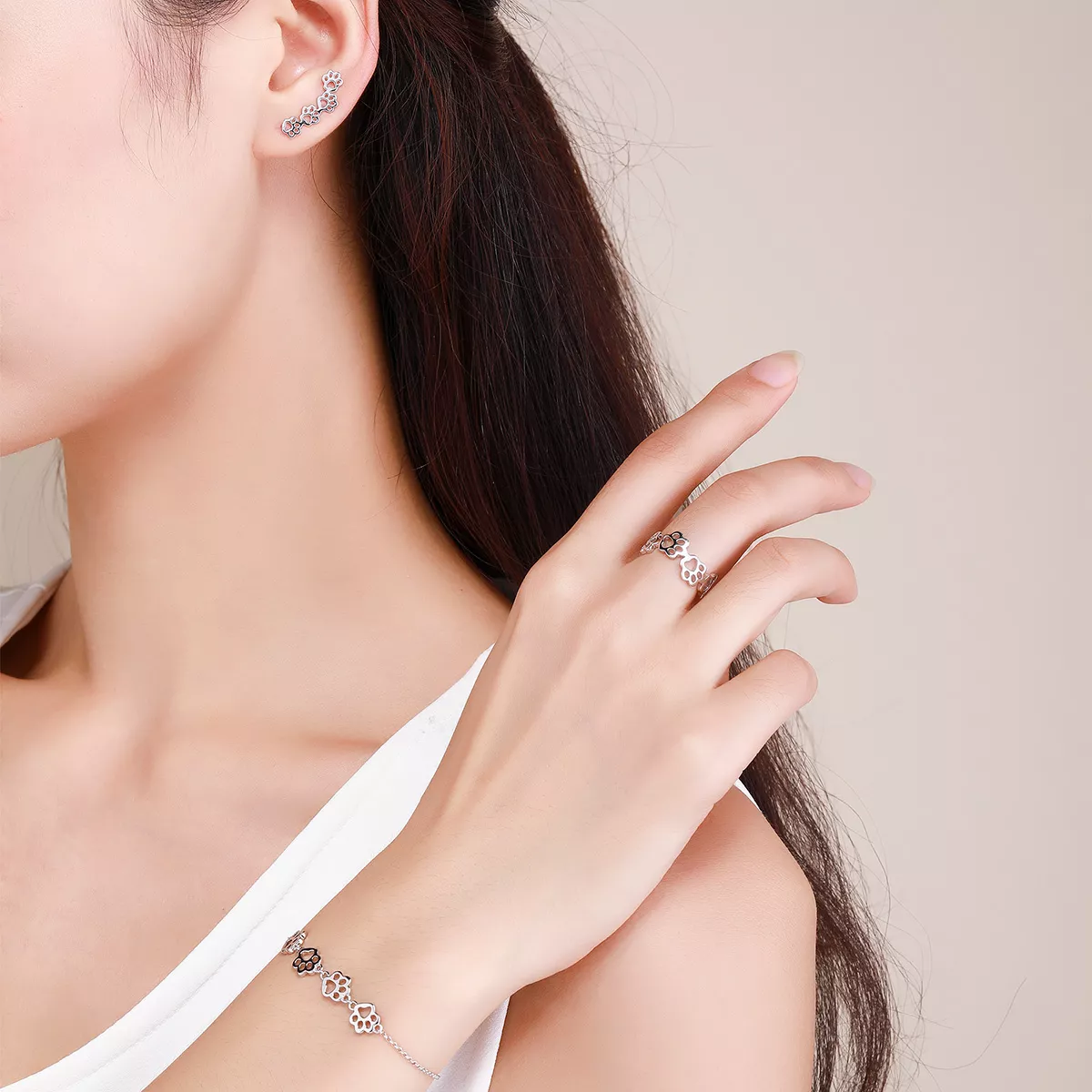 Conjunto de joias Dois tons Trilha da Pata estilo Pandora - SET011