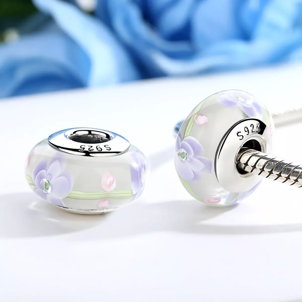 Pandora Style Wisteria Flowers Murano Glass Charm - SCZ019