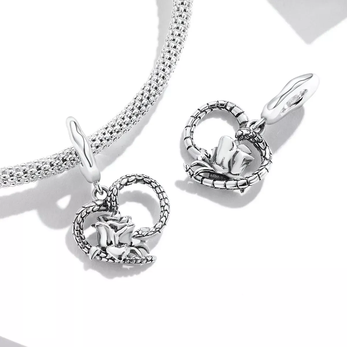 Pandora Style Snake and Rose Heart Dangle - SCC2134
