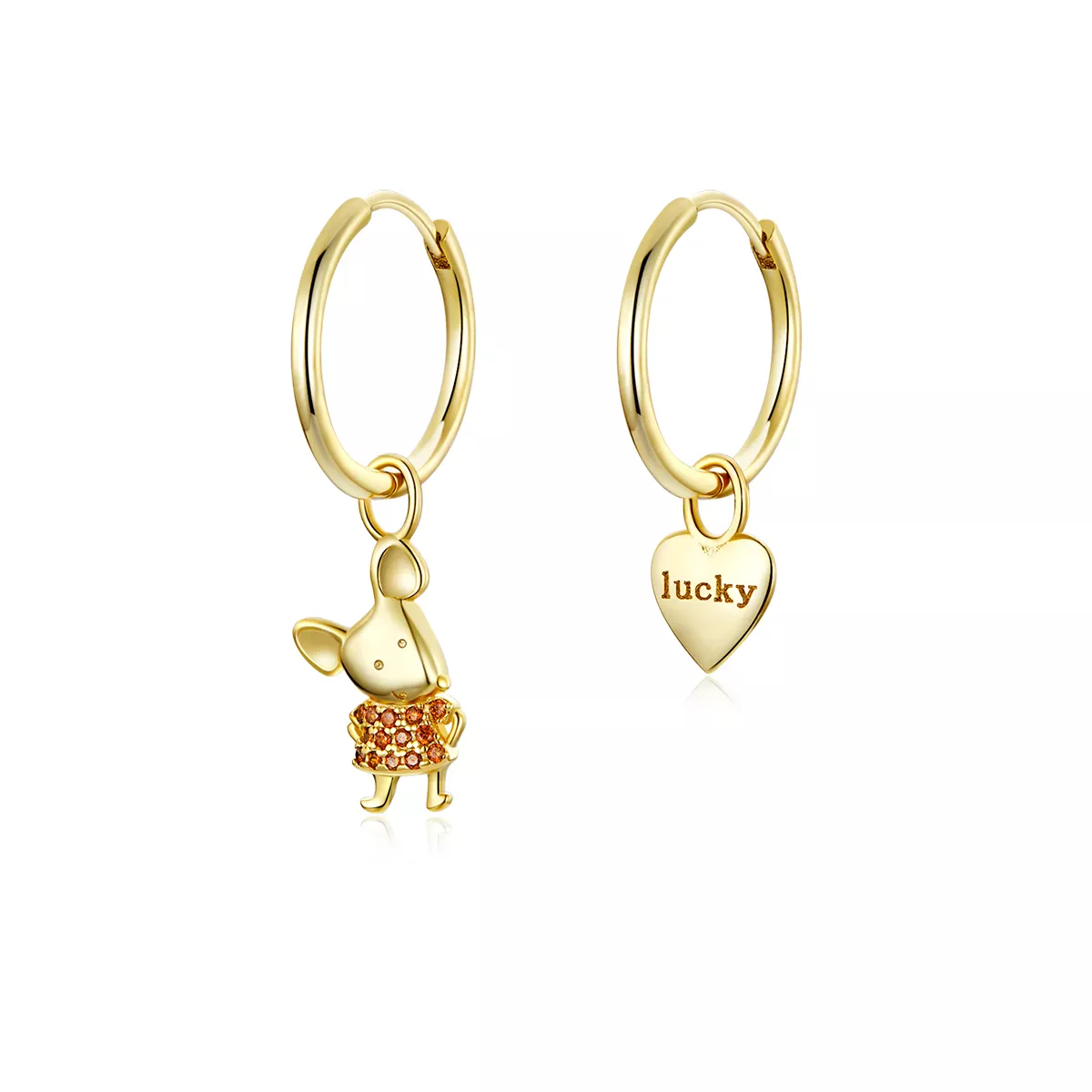 Pandora Style Lucky Rat and Heart Hoop Earrings - BSE344-L Pandora Style Lucky Rat and Heart Hoop Earrings - BSE344-L