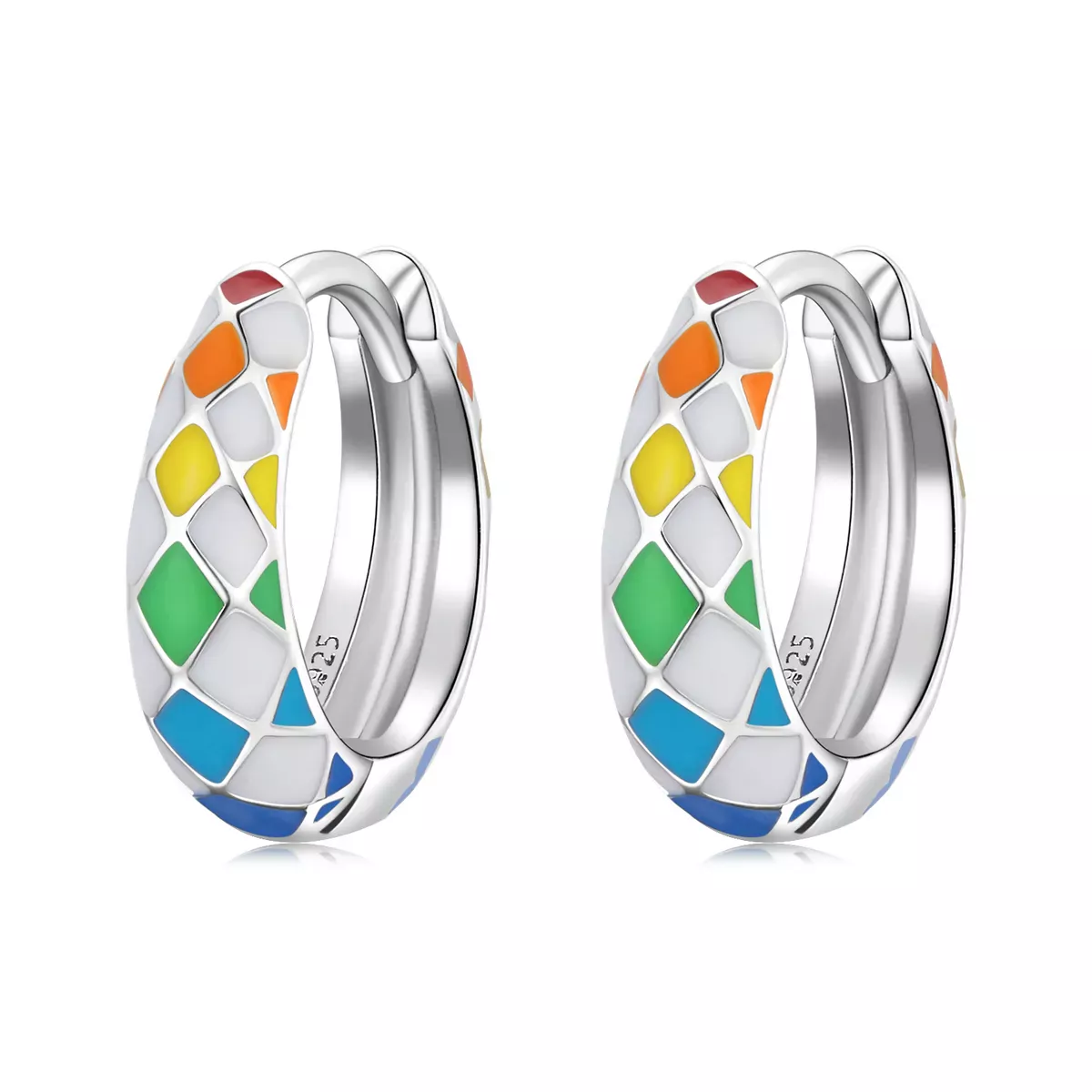 Pandora Style Rainbow Checkerboard Hoop Earrings - SCE1351 Pandora Style Rainbow Checkerboard Hoop Earrings - SCE1351