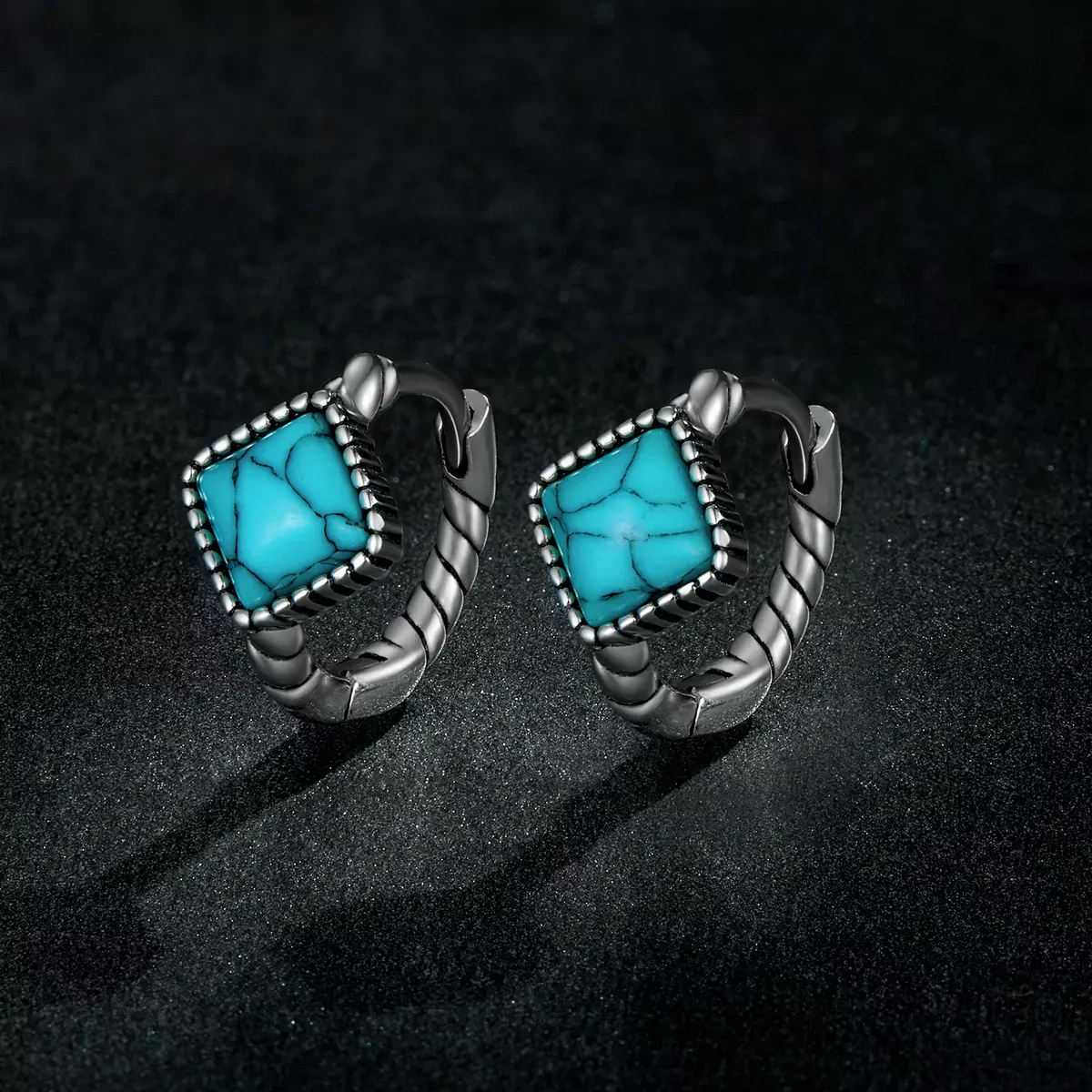 Pandora Style Square Turquoise Hoop Earrings - BSE590