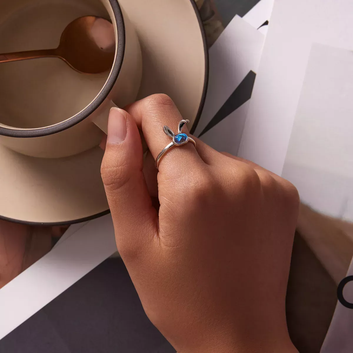 Pandora Style Moonstone Bunny Open Ring - SCR784