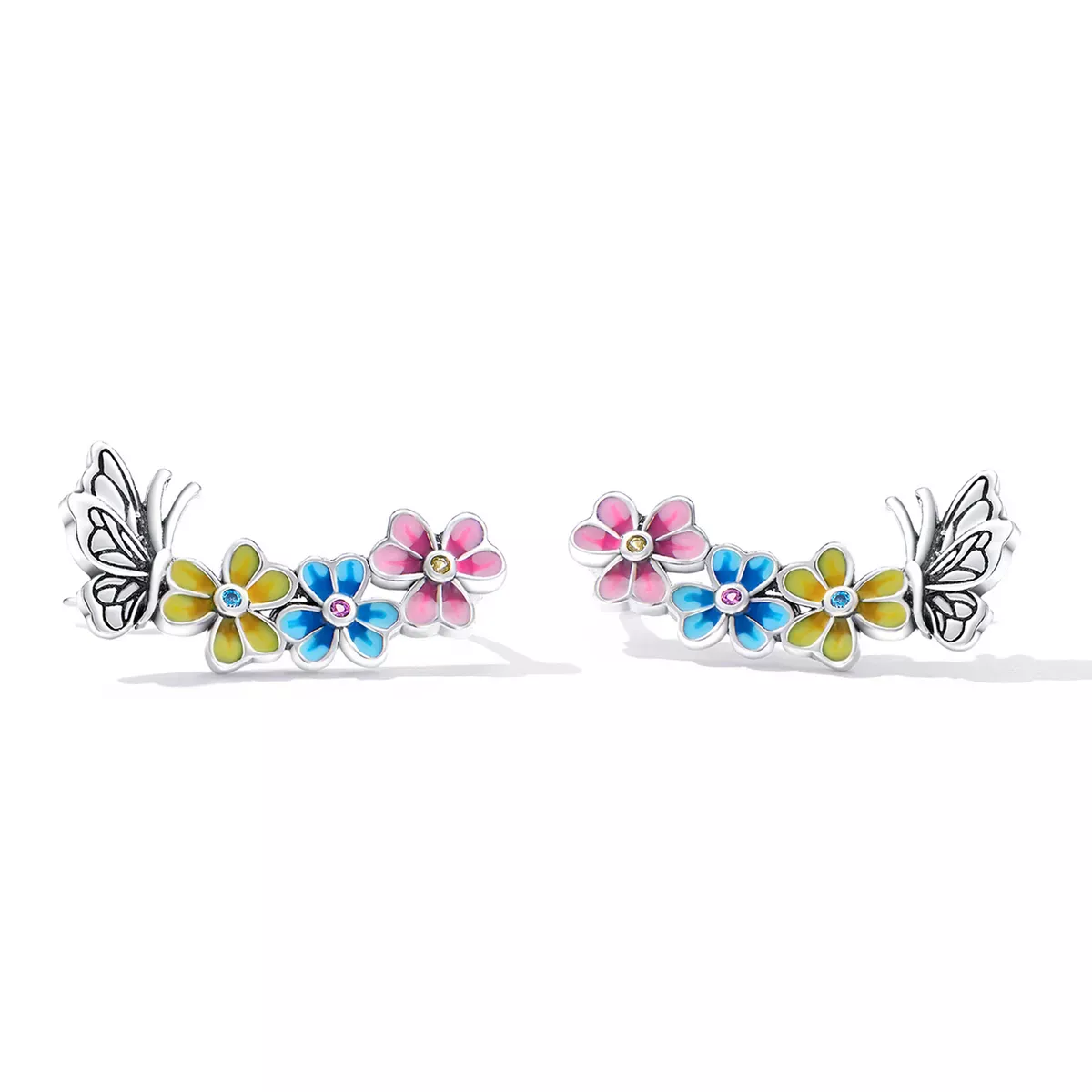 Pandora Style Butterfly Flower Stud Earrings - SCE1393
