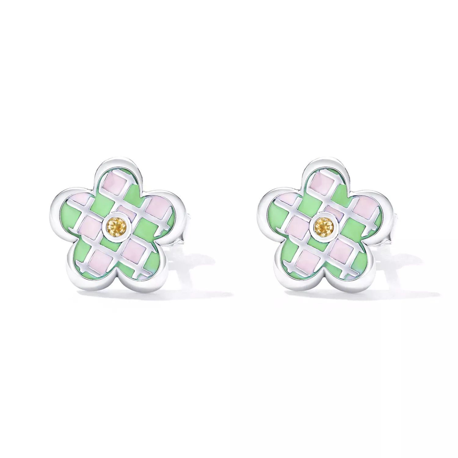 Pandora Style Checkerboard Florets Stud Earrings - SCE1387