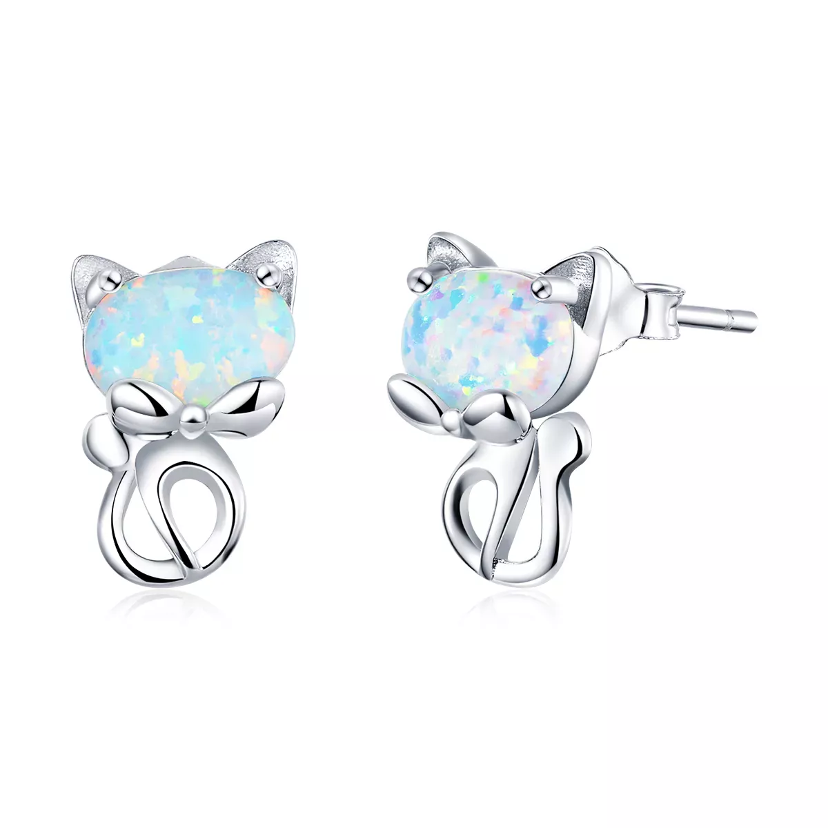 Pandora Style Opal Cute Cat Stud Earrings - SCE828