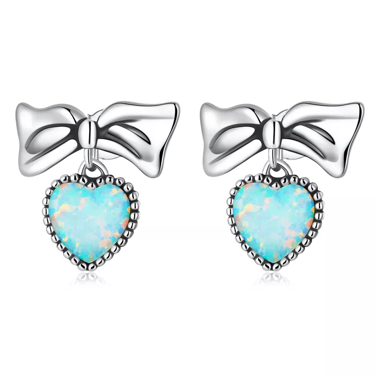 Pandora Style Opal Heart Bow Stud Earrings - SCE1374