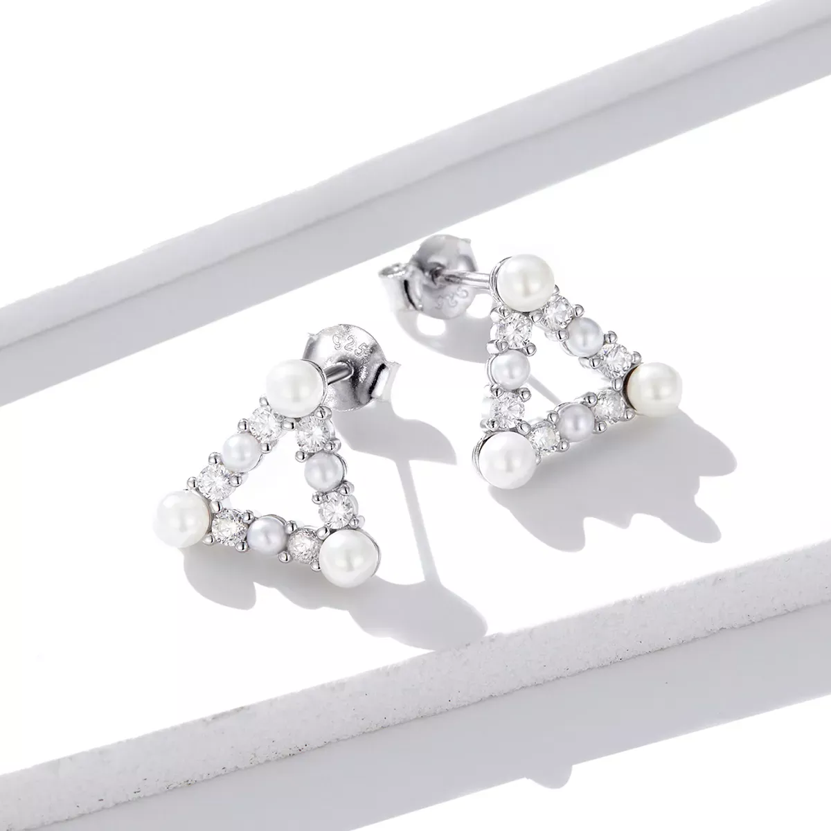 Pandora Style Pearl Triangle Stud Earrings - BSE215