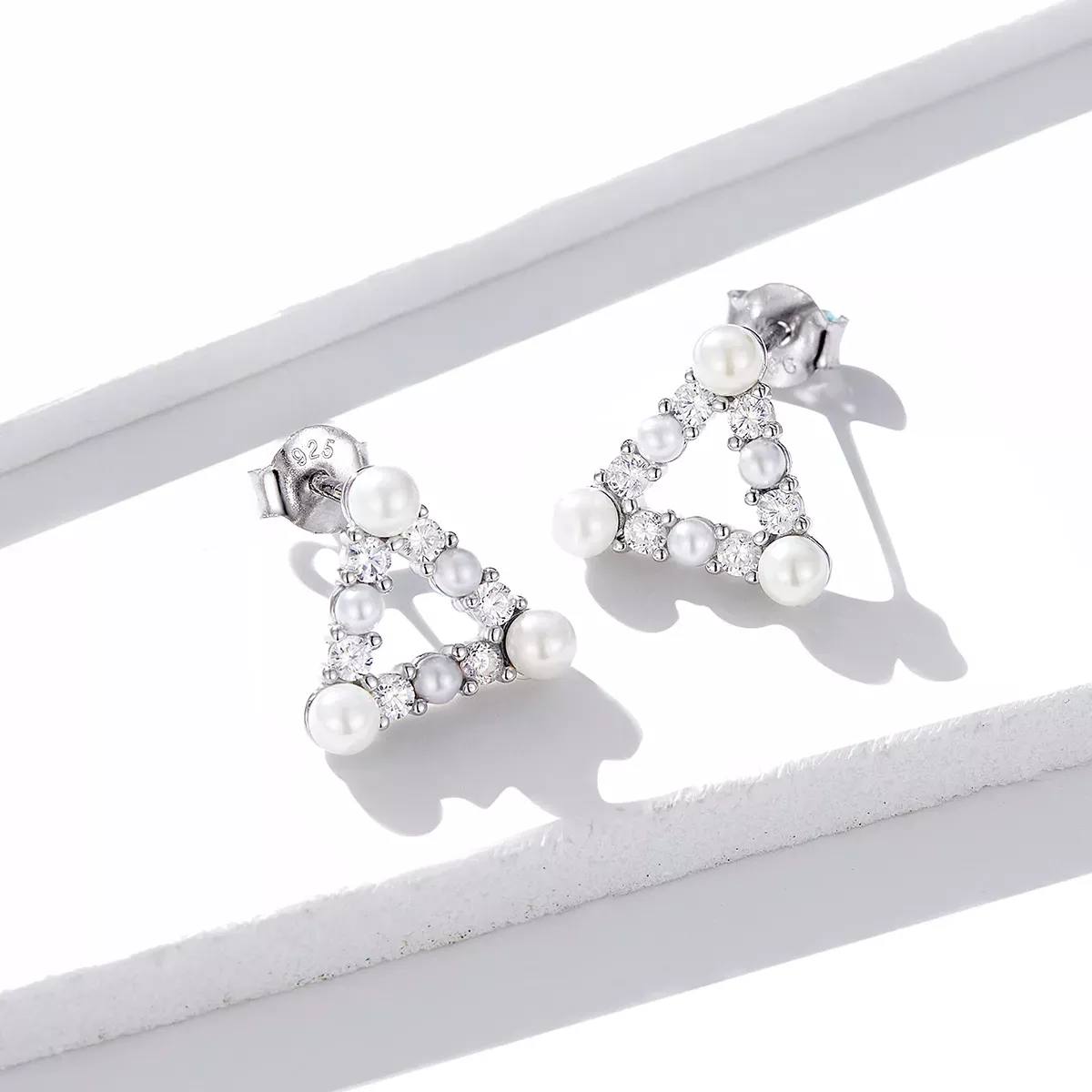 Pandora Style Pearl Triangle Stud Earrings - BSE215