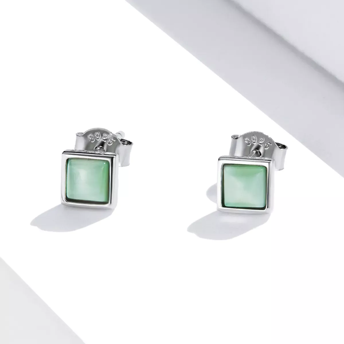 Pandora Style Simple Geometry - Green Cat's Eye Stud Earrings - SCE1269-GN