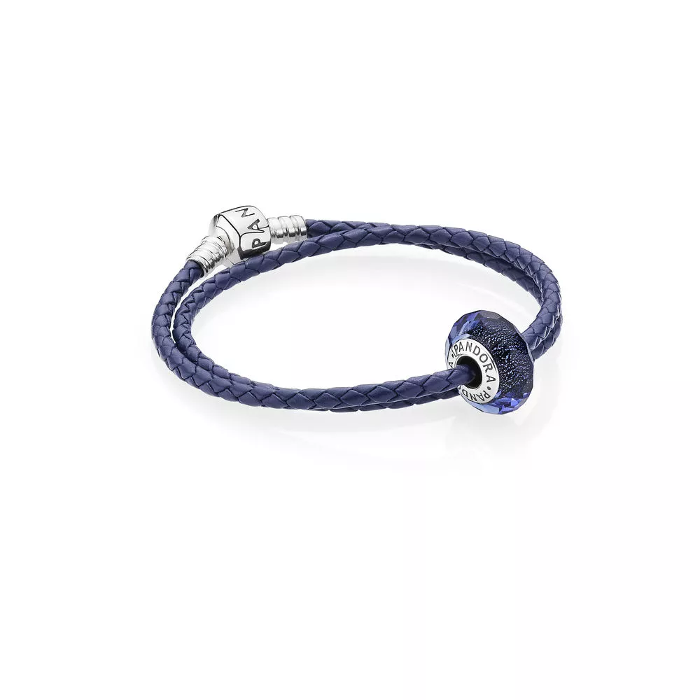 Bracelete PANDORA De Couro Azul Dupla Com O Fecho