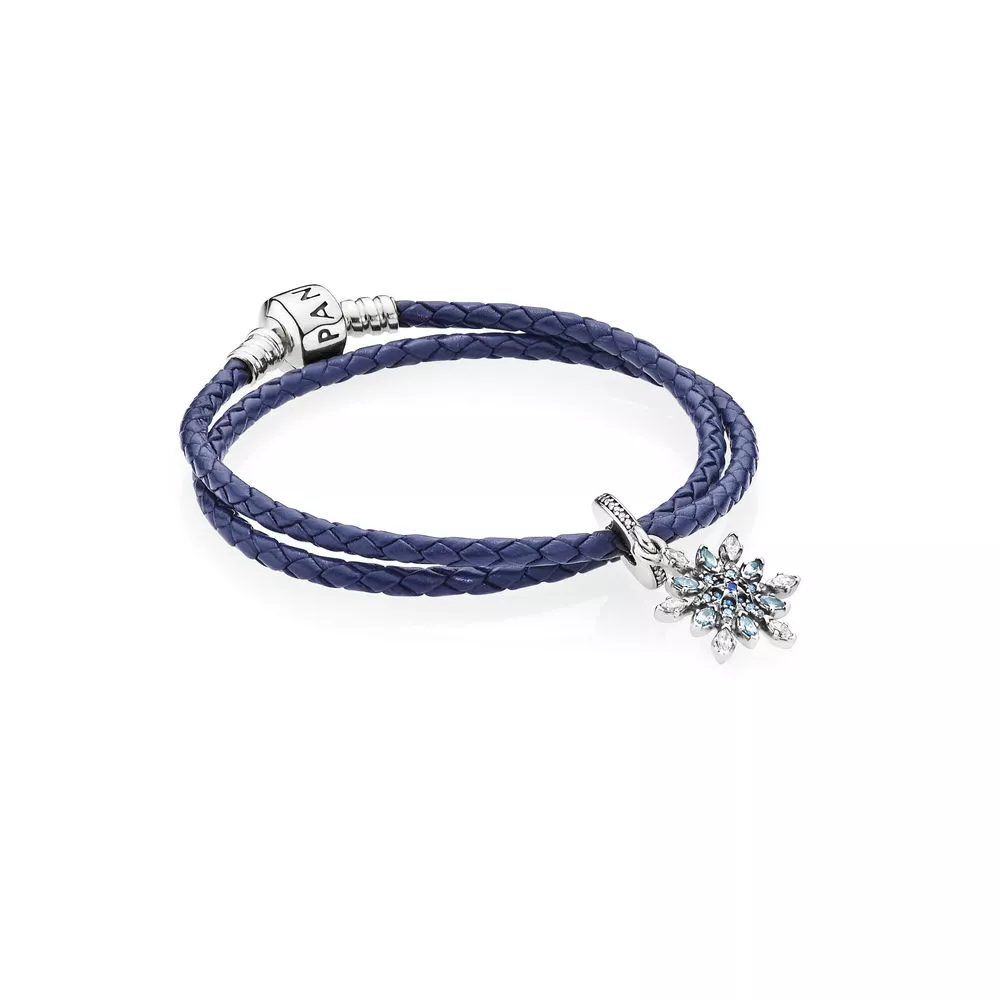 Bracelete PANDORA De Couro Azul Dupla Com Floco de neve
