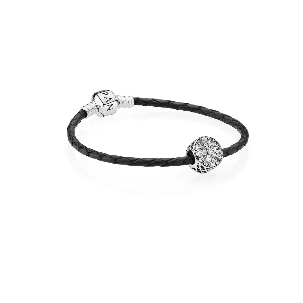 Bracelete PANDORA De Couro preta Com Floco de neve