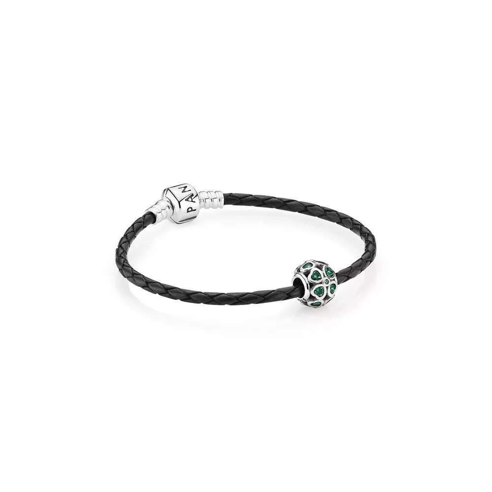 Bracelete PANDORA De Couro preta Com Trevo frisado