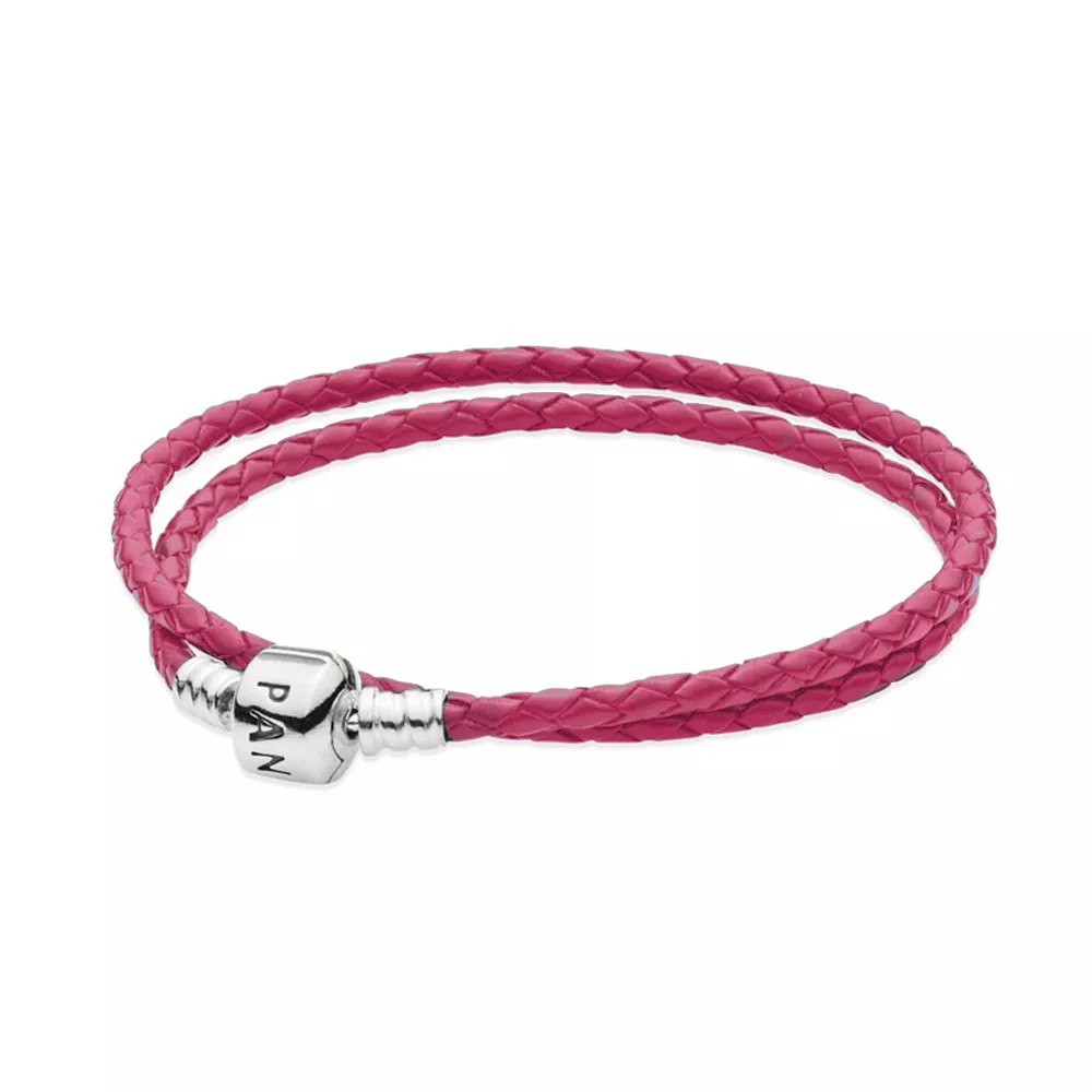 Bracelete PANDORA De Couro Rosa Dupla Com O Fecho