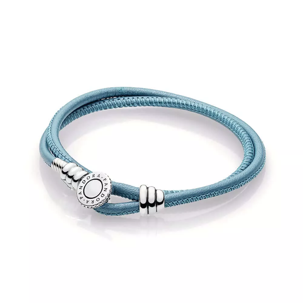 Bracelete PANDORA de Couro de Duas Voltas Turquesa