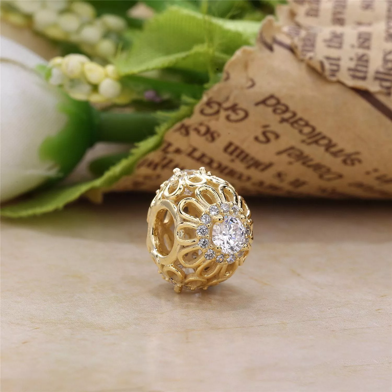 Charm berloques PANDORA de Ouro Brilho Floral