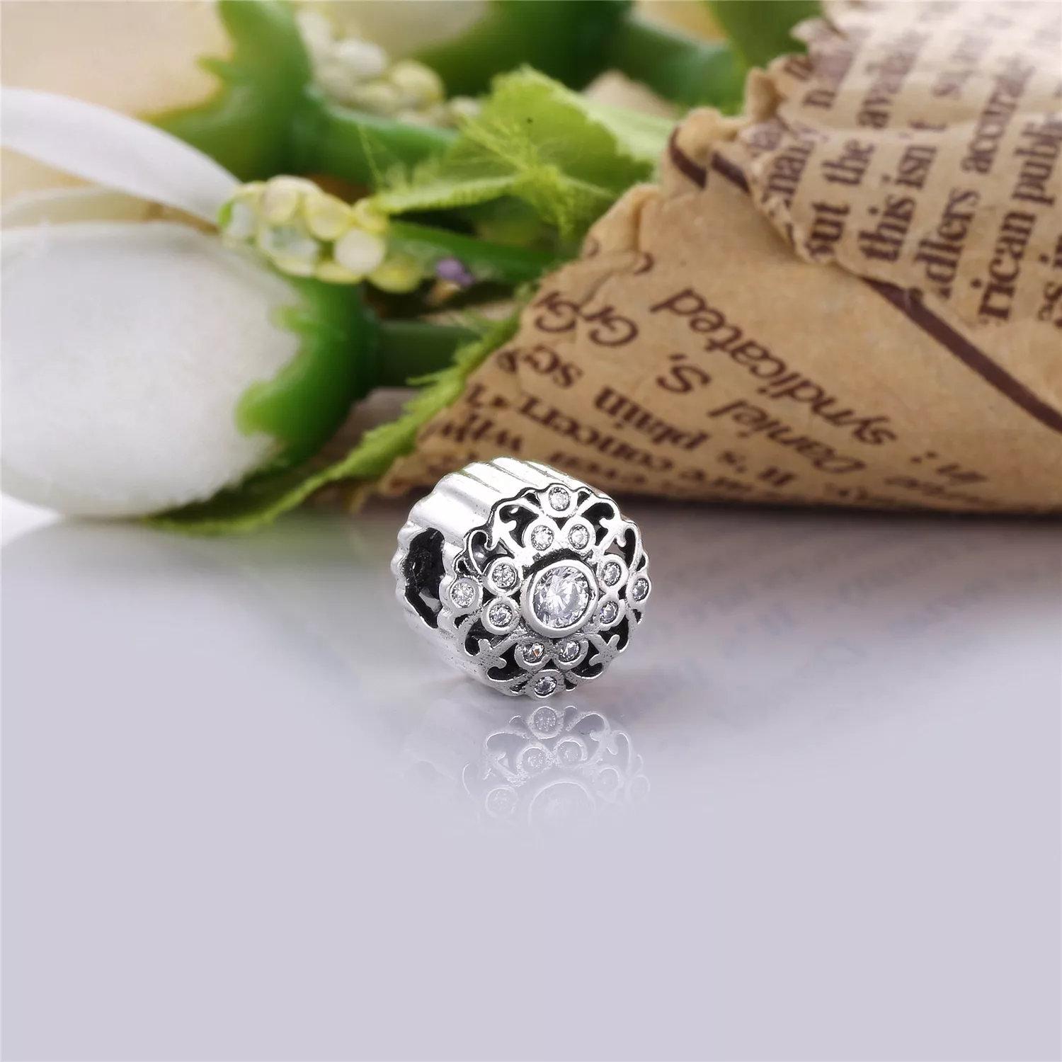 Charm berloques Pandora de prata Flor vintage