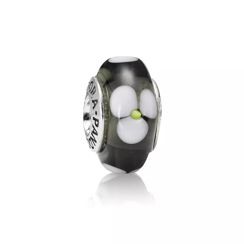Charm PANDORA de Prata e Murano Preto e Flores Brancas - 790604