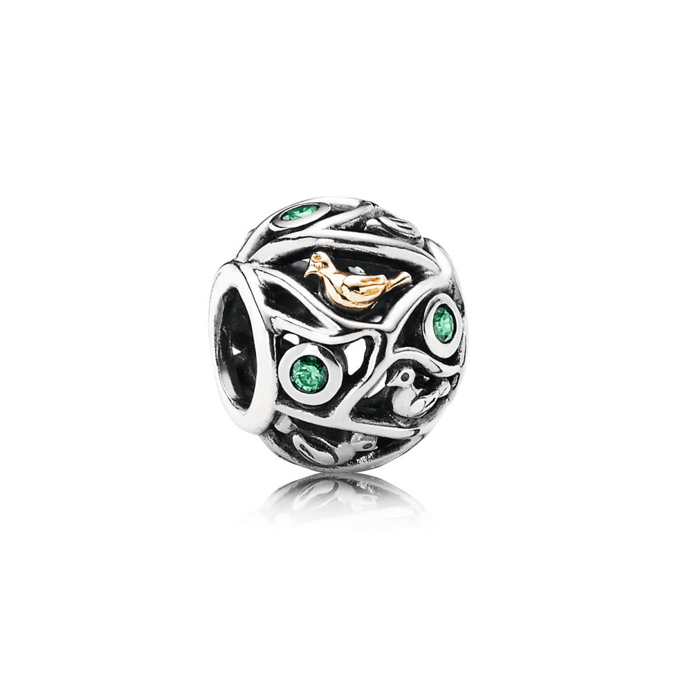 charm pandora de prata e ouro pássaros da floresta 791213czn