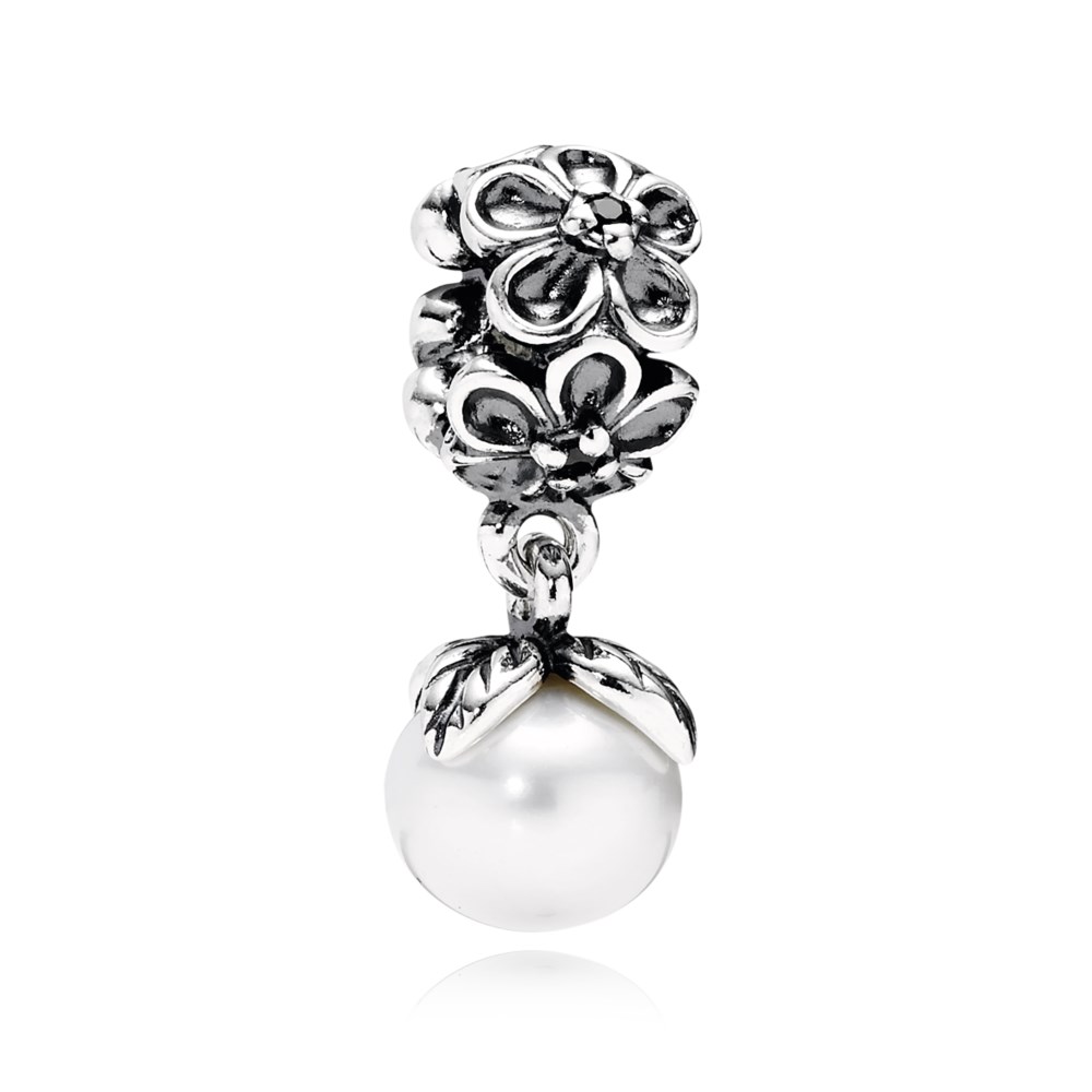 charm pandora de prata flor de violeta com pendente de pérola 790858p