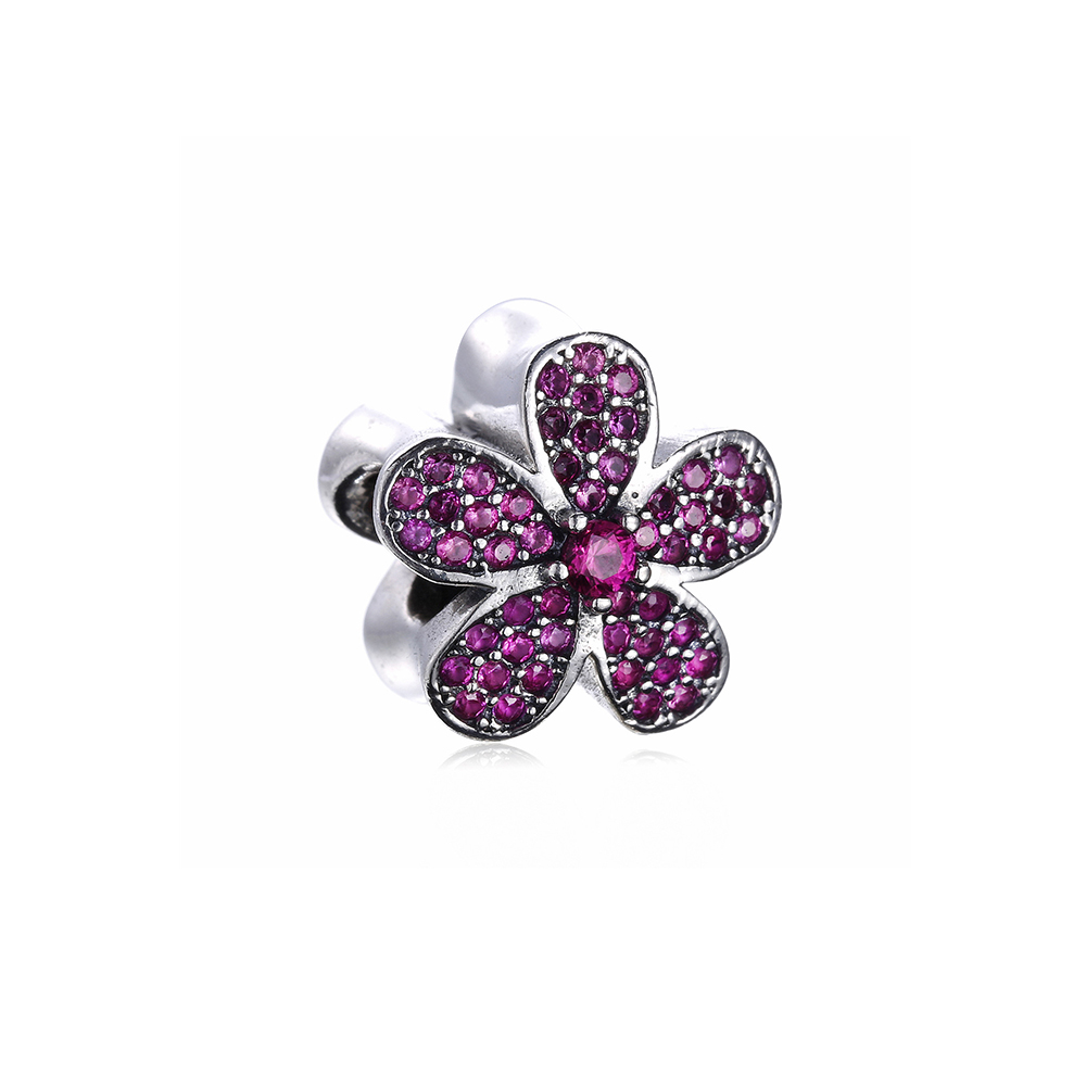 charm pandora de prata margarida roxa do brilho
