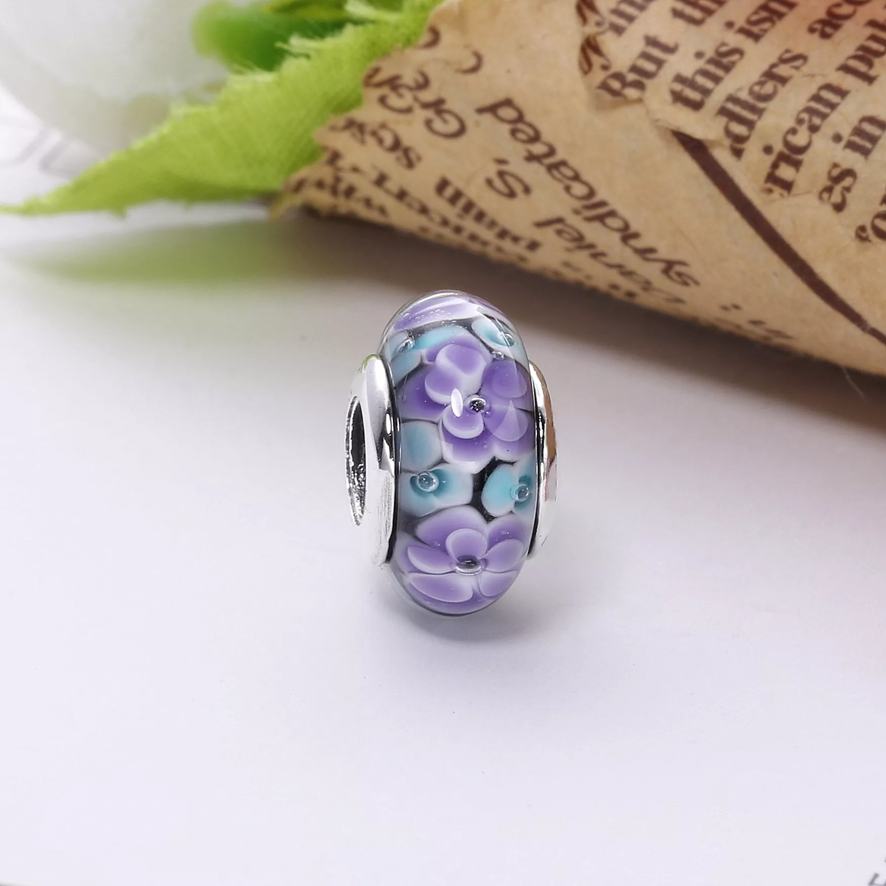 Charm Pandora de prata Murano de vidro de flor