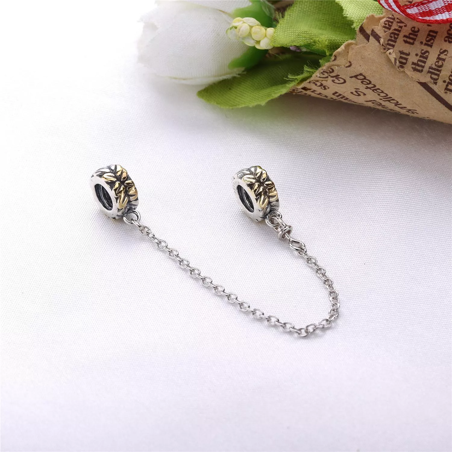 Corrente De Segurança Pandora de Prata com Ouro Folhas