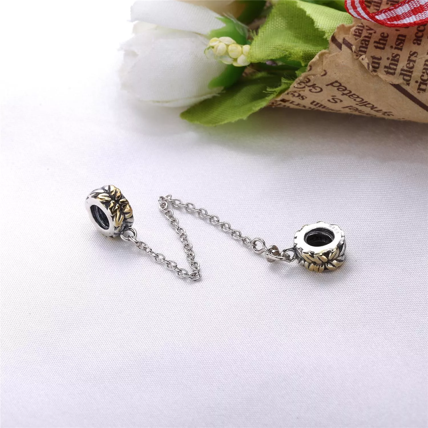 Corrente De Segurança Pandora de Prata com Ouro Folhas