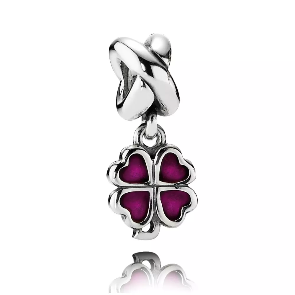 Four-leaf clover silver dangle with pink enamel - 790572EN07