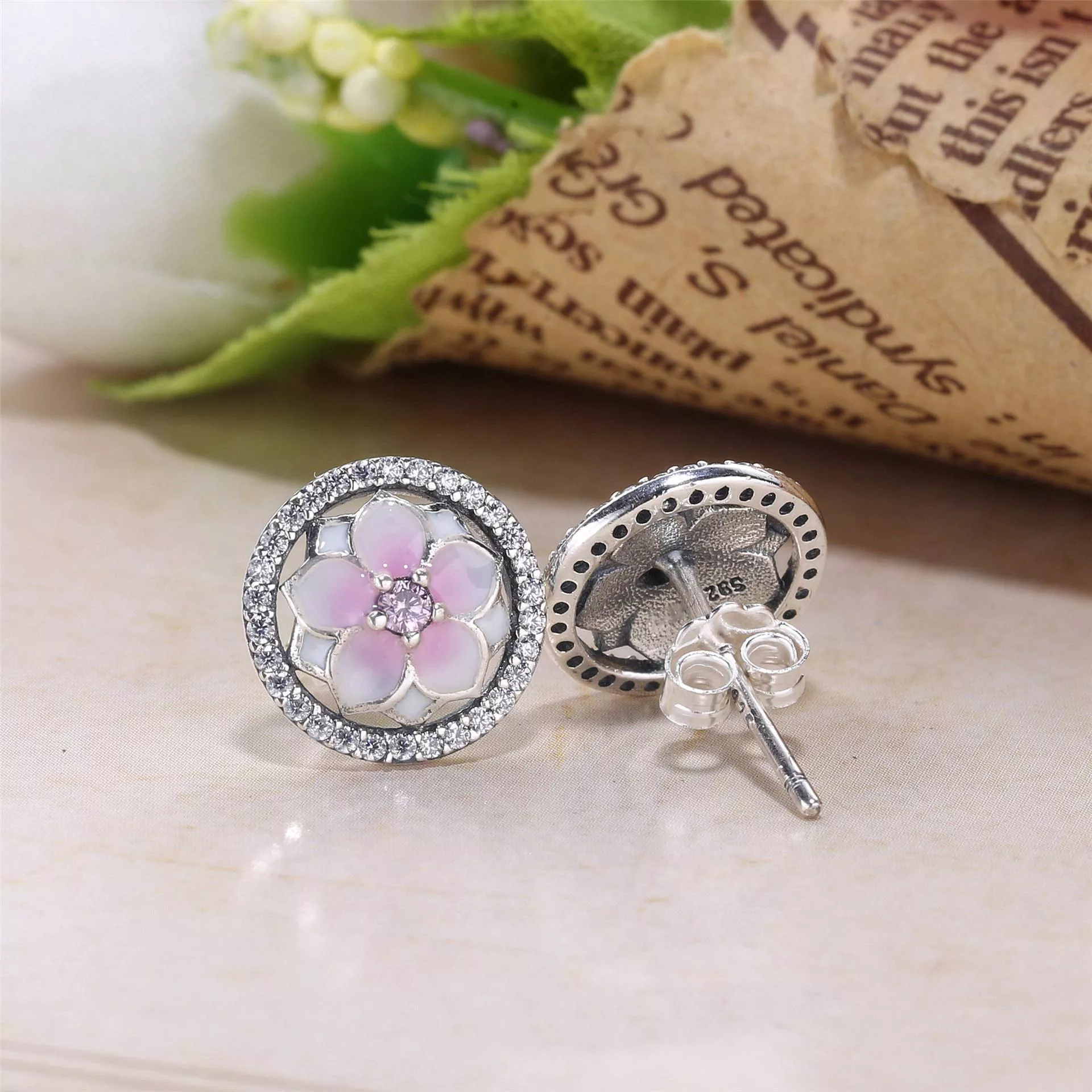 Brincos Pandora de prata Flores de magnólia