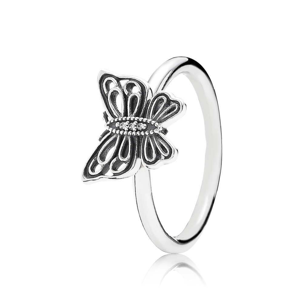 openwork butterfly anel pandora de prata com zircônia cúbica