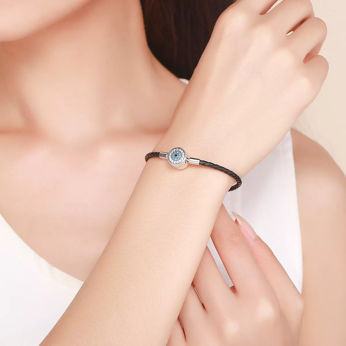 Bracelete Couro gato sortudo estilo Pandora - SCB113