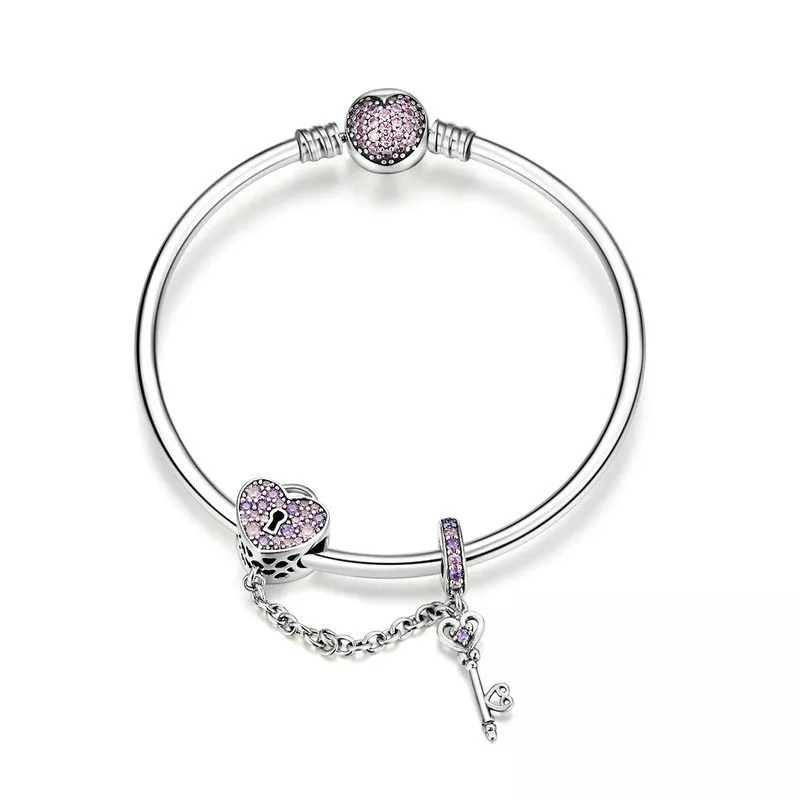 Bracelete estilo Pandora Rígido Chave e fechadura de coração - SCB820